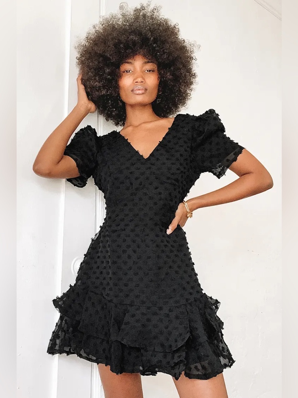 Lulus Black V-Neck Textured Ruffle Dress - Women